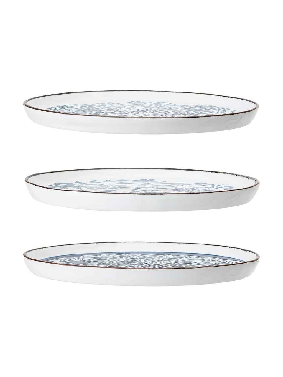 Set 3 piatti da colazione fatti a mano con motivo floreale blu Molly, Gres, Bianco, tonalità blu, Ø 24 cm