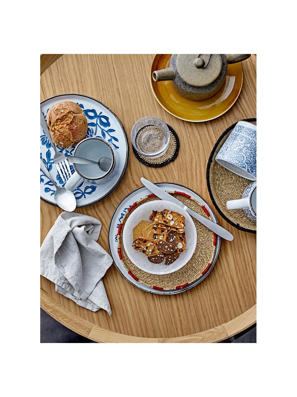 Handgemachte Frühstücksteller Molly mit blauem Blumenmuster, 3er-Set, Steingut, Weiß, Blautöne, Ø 24 cm