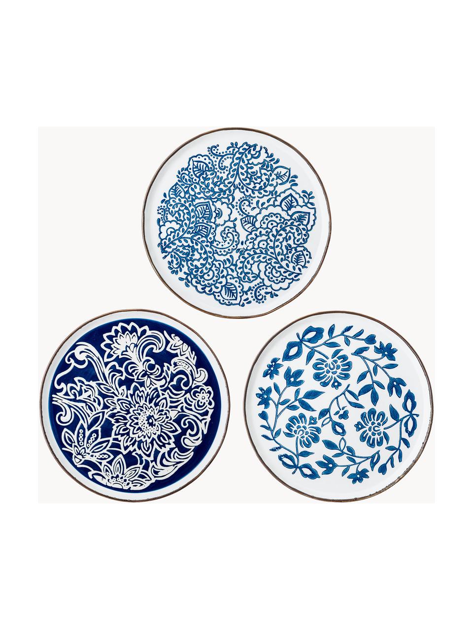 Sada ručně vyrobených sňídaňových talířů s květinovým vzorem Molly, 3 díly, Kamenina, Bílá, odstíny modré, Ø 24 cm