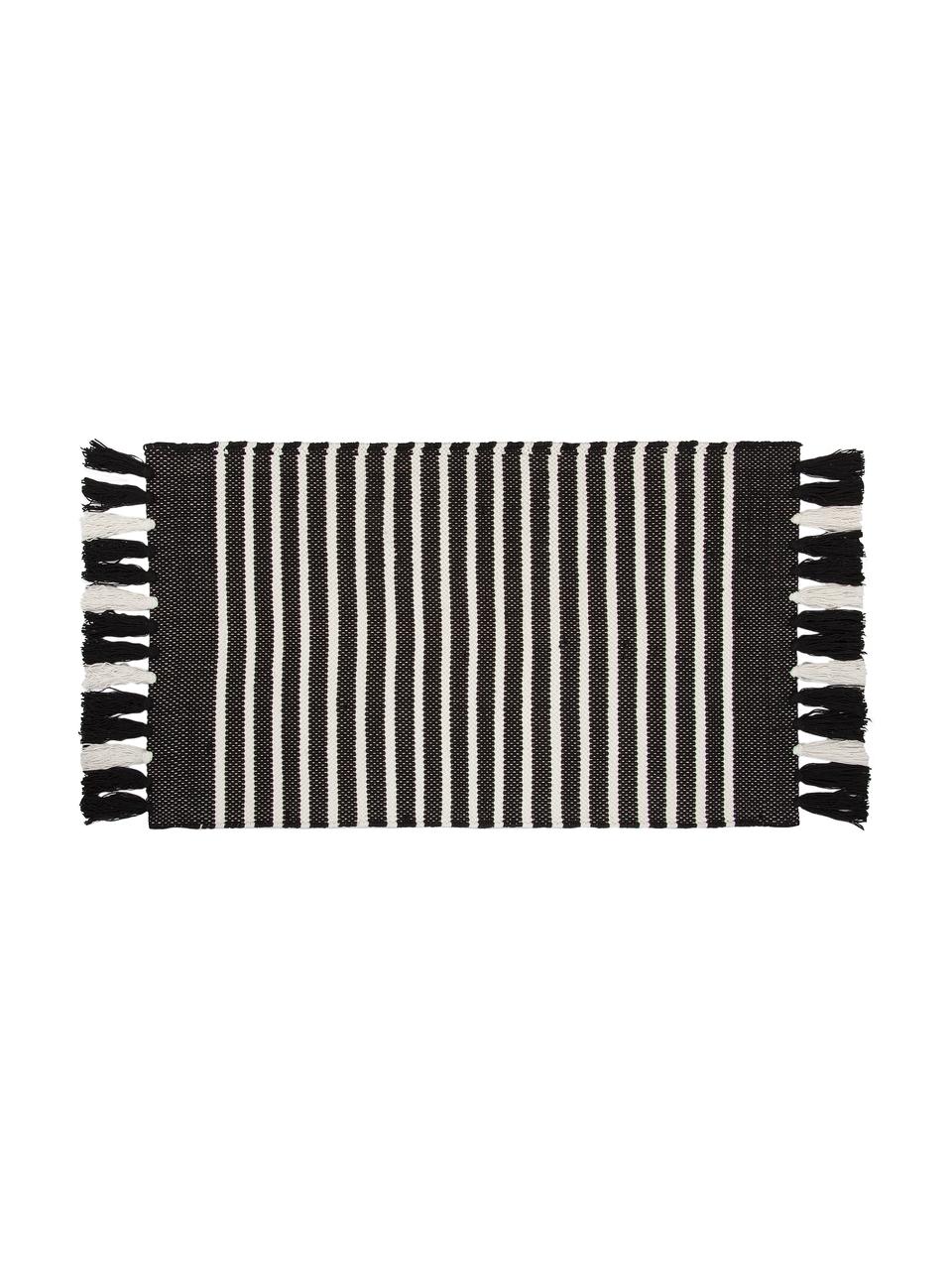 Tappeto bagno con frange Stripes & Structure, 100% cotone, Antracite, bianco latteo, Larg. 60 x Lung. 100 cm