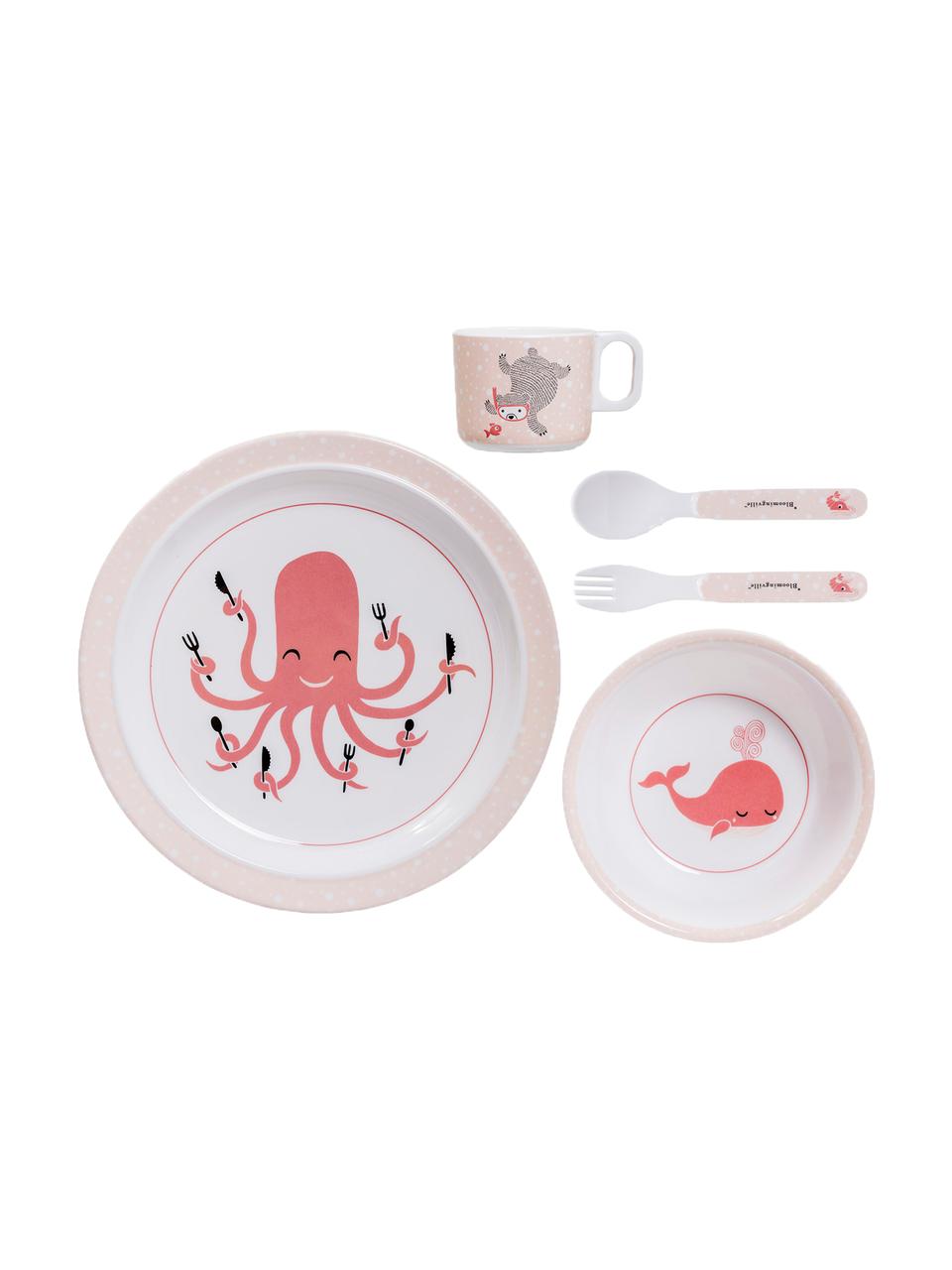 Serviesset Ida, 5-delig, Melamine, Rozetinten, wit, zwart, Set met verschillende formaten