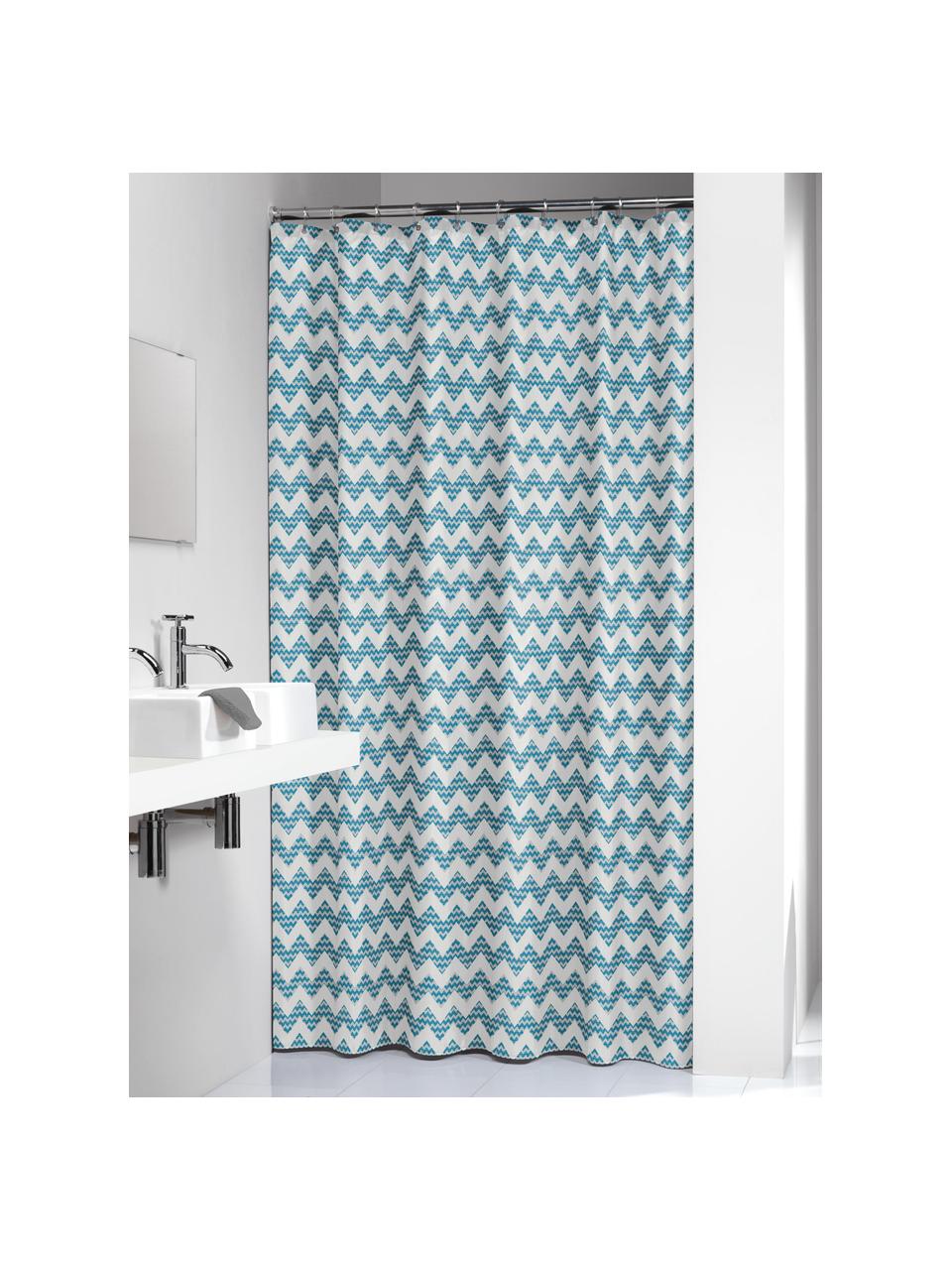 Cortina de baño Cassie, 100% poliéster, con impresión digital
Repelente al agua, no impermeable, Azul petróleo, blanco, An 180 x L 200 cm