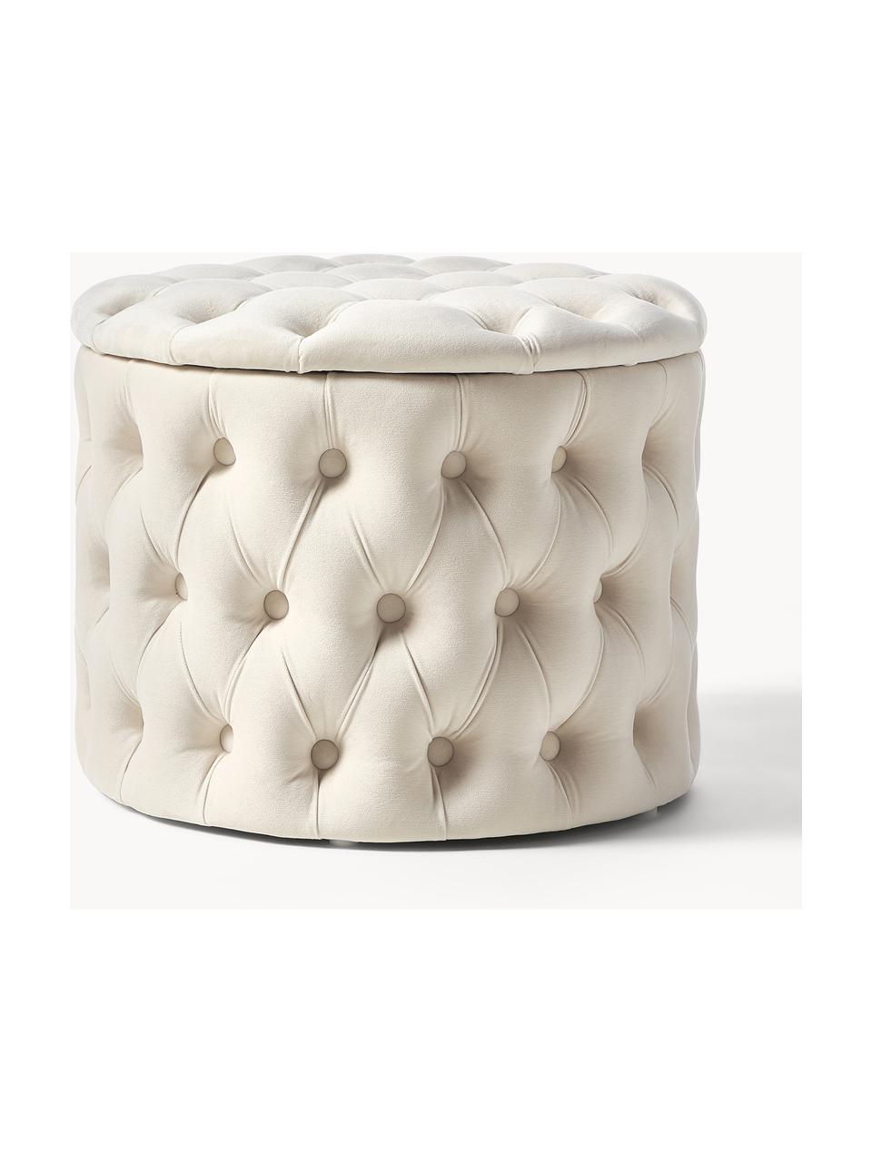 Puf de terciopelo Chiara, con espacio de almacenamiento, Tapizado: terciopelo (poliéster) Al, Estructura: madera de eucalipto, Terciopelo blanco crema, Ø 50 x Al 40 cm