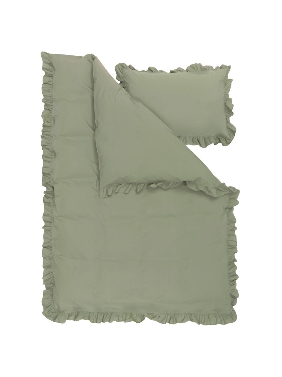Parure copripiumino in cotone lavato verde con volant Florence, Verde, 155 x 200 cm, 2 pz