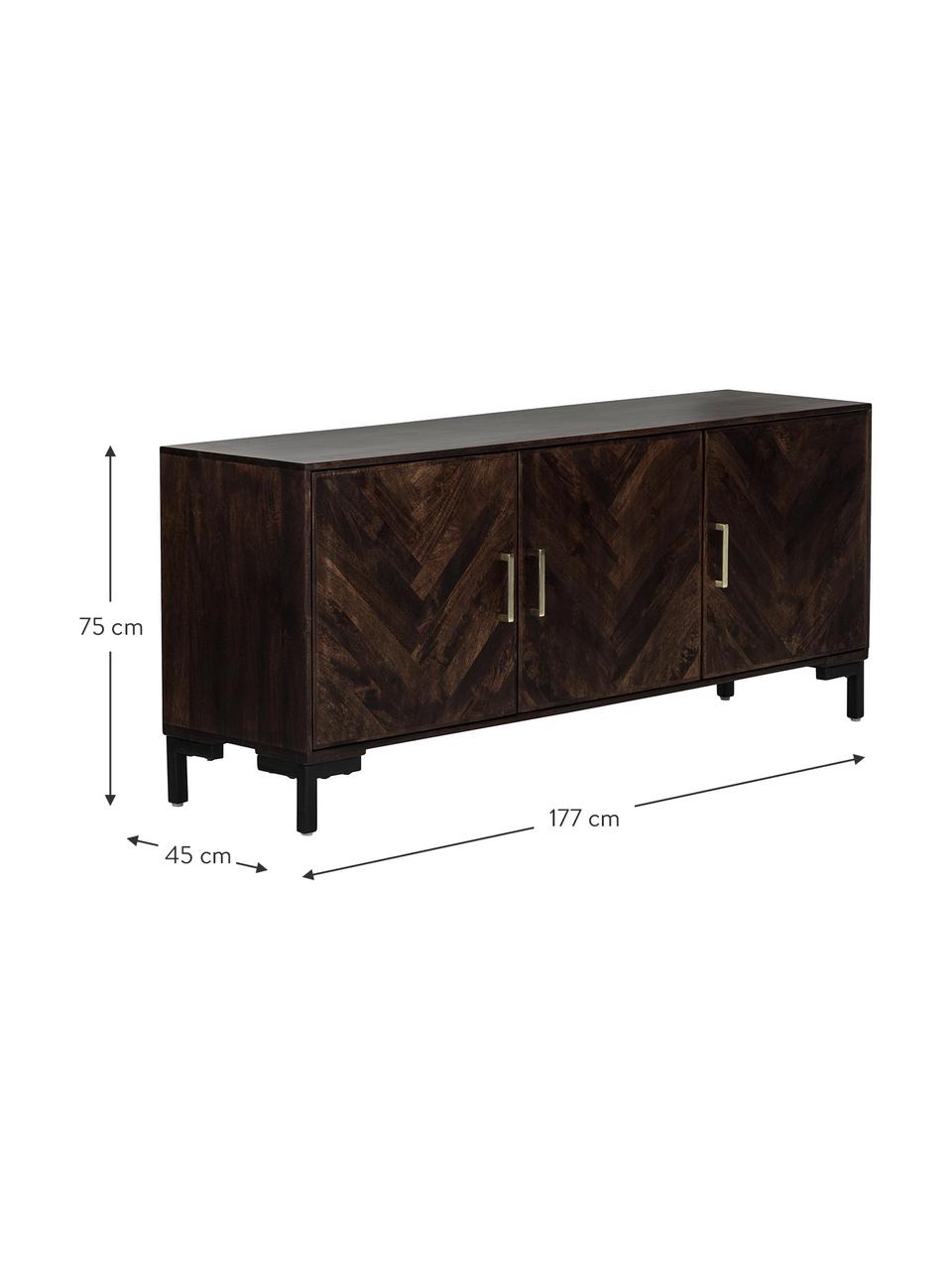 Credenza con ante in legno di mango massiccio Leif, Maniglie: metallo zincato, Piedini: metallo verniciato a polv, Legno di mango, Larg. 177 x Alt. 75 cm