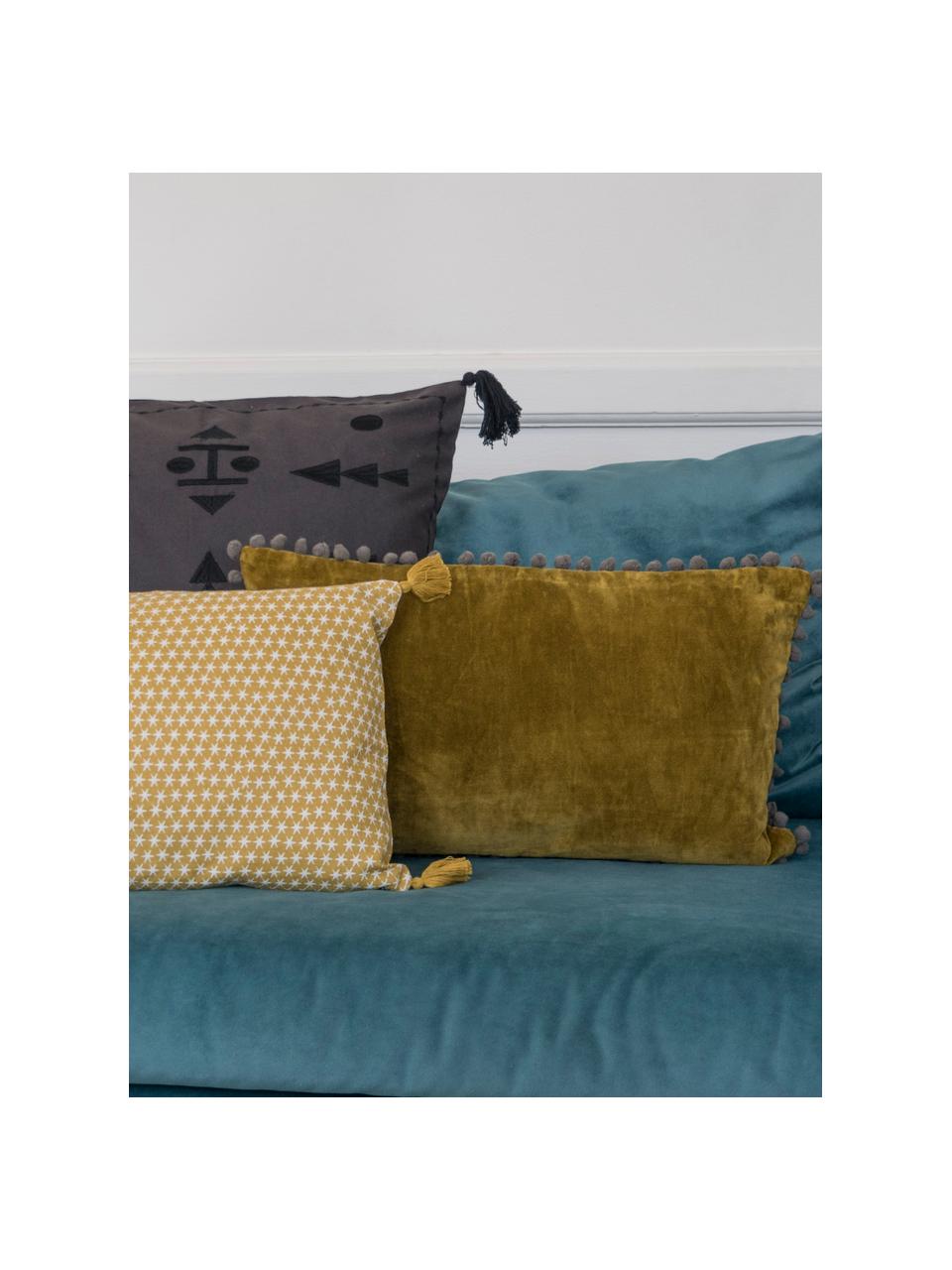 Housse de coussin en velours jaune foncé avec pompons Avoriaz, Jaune