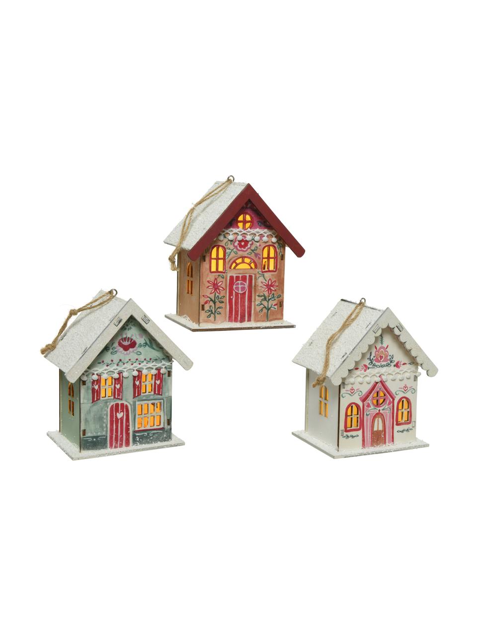 Adornos luminoso LED Winter House, 3 uds., funciona a pilas, Madera recubierto, Multicolor, An 11 x Al 13 cm