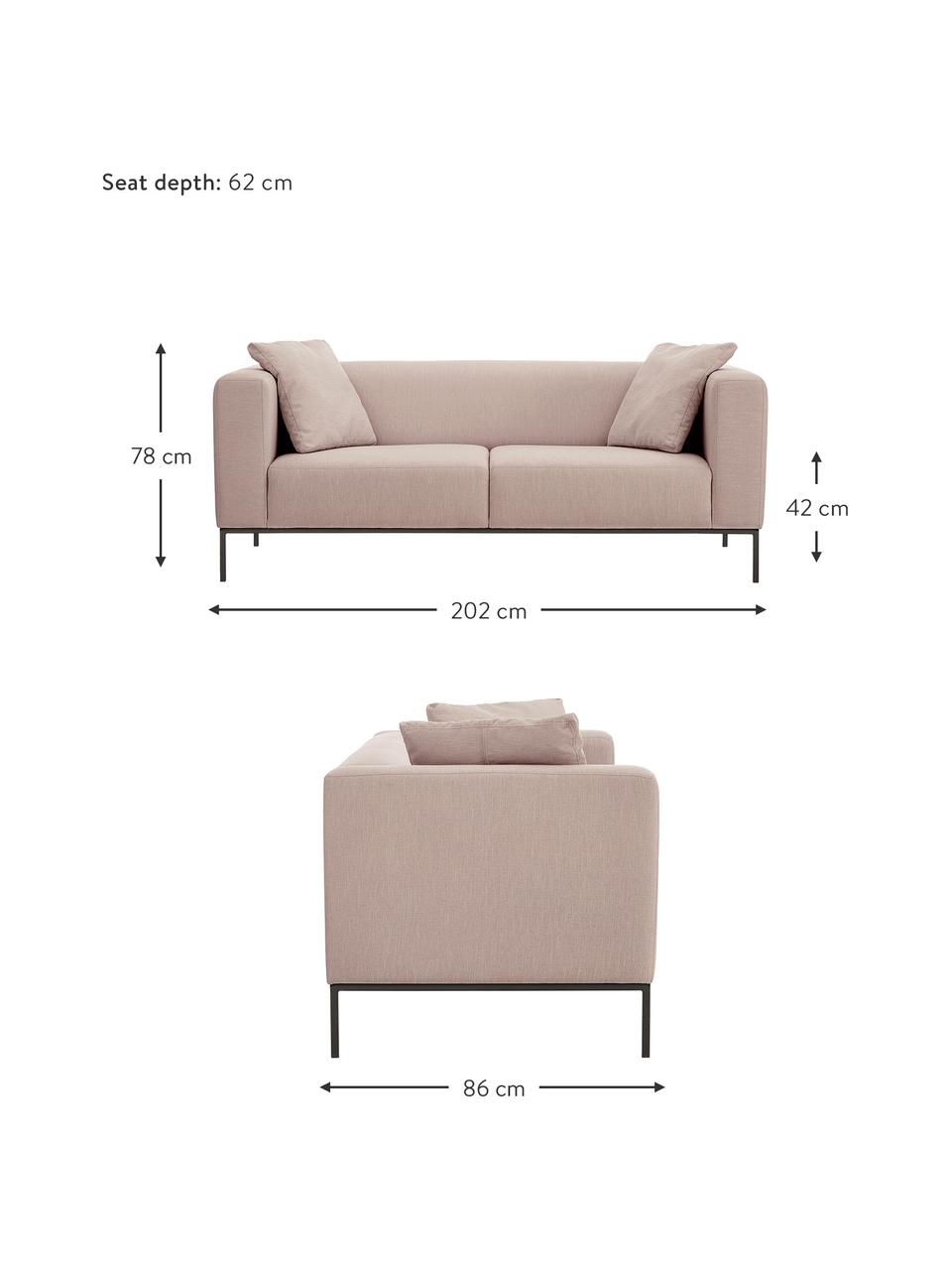 Bank Carrie (3-zits) in oudroze met metalen poten, Bekleding: polyester, Frame: spaanplaat, hardboard, mu, Poten: gelakt metaal, Geweven stof oudroze, B 202 x D 86 cm