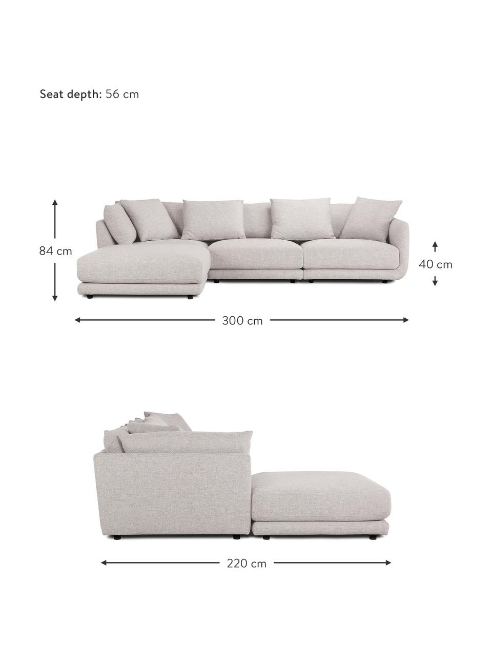 Canapé modulable 3 places gris clair avec tabouret de canapé Jasmin, Tissu gris clair, larg. 300 x long. 84 cm