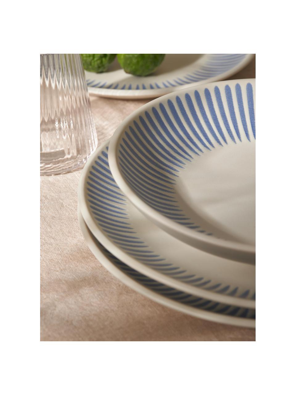 Assiettes plates avec motif à rayures Zabelle, 4 pièces, Grès cérame, Blanc crème, bleu, Ø 27 x haut. 3 cm