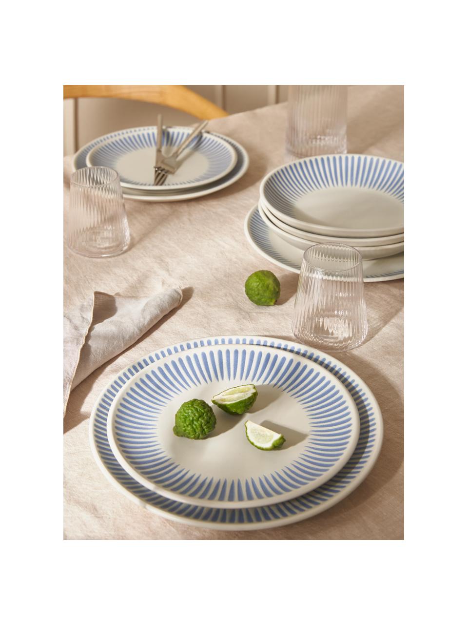 Mělké talíře s proužky Zabelle, 4 ks, Kamenina, Krémově bílá, modrá, Ø 27 cm, V 3 cm