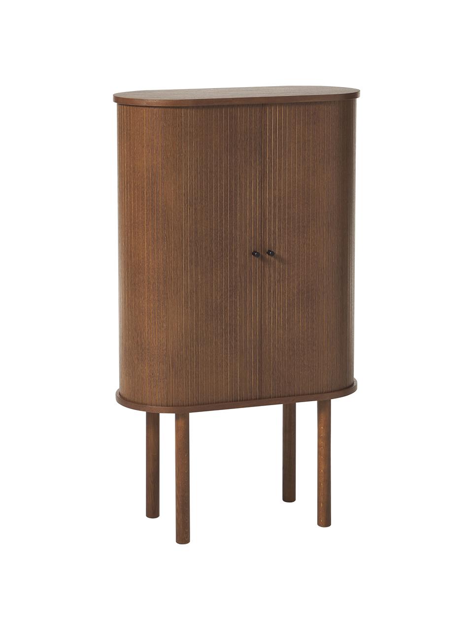 Highboard Calary mit geriffelter Front, Korpus: Mitteldichte Holzfaserpla, Beine: Massives Eichenholz, FSC-, Griffe: Metall, gebürstet, Walnussholz-Optik, B 75 x H 130 cm
