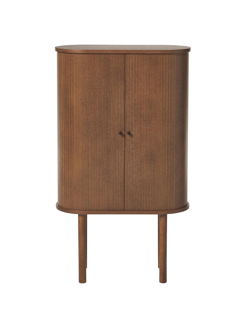 Credenza alta con frontale scanalato Calary, Gambe: legno massiccio di querci, Legno, effetto noce, Larg. 75 x Alt. 130 cm