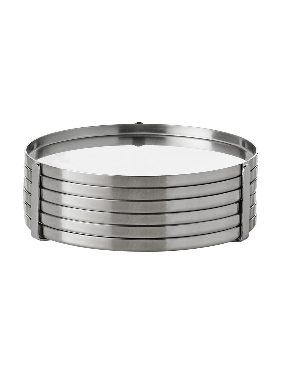 Komplet podstawek ze stojakiem Arne Jacobsen, 6 elem., Stal szlachetna, Odcienie srebrnego, Ø 9 cm