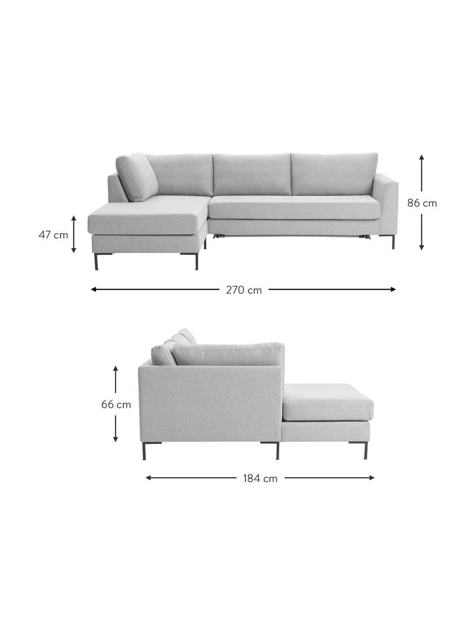Pohovka na spanie s kovovými nohami Luna, Svetlosivá, Š 270 x H 184 cm, ľavé rohové prevedenie