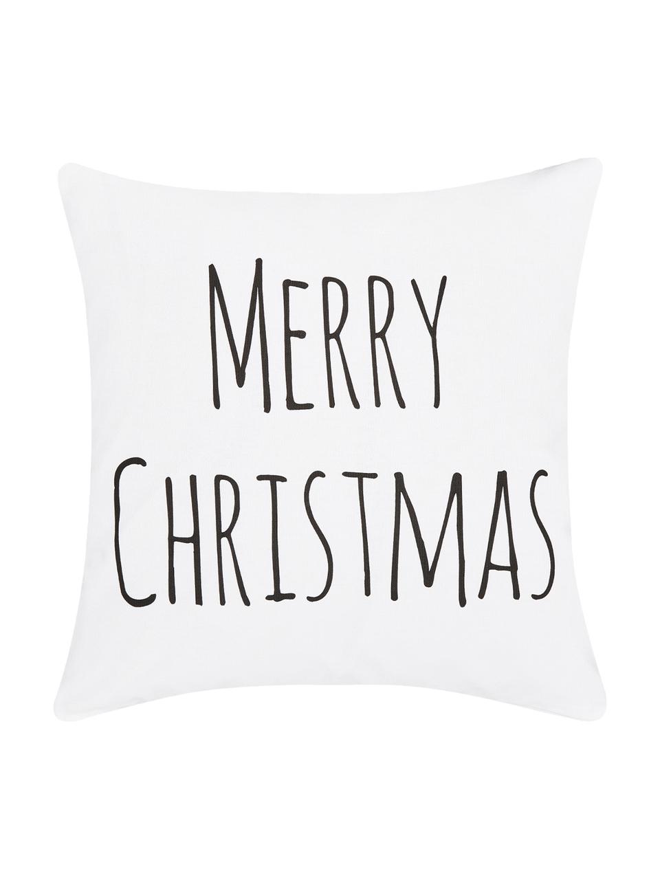 Kissenhülle Merry Christmas mit Schriftzug in Schwarz/Weiß, Baumwolle, Weiß, B 40 x L 40 cm