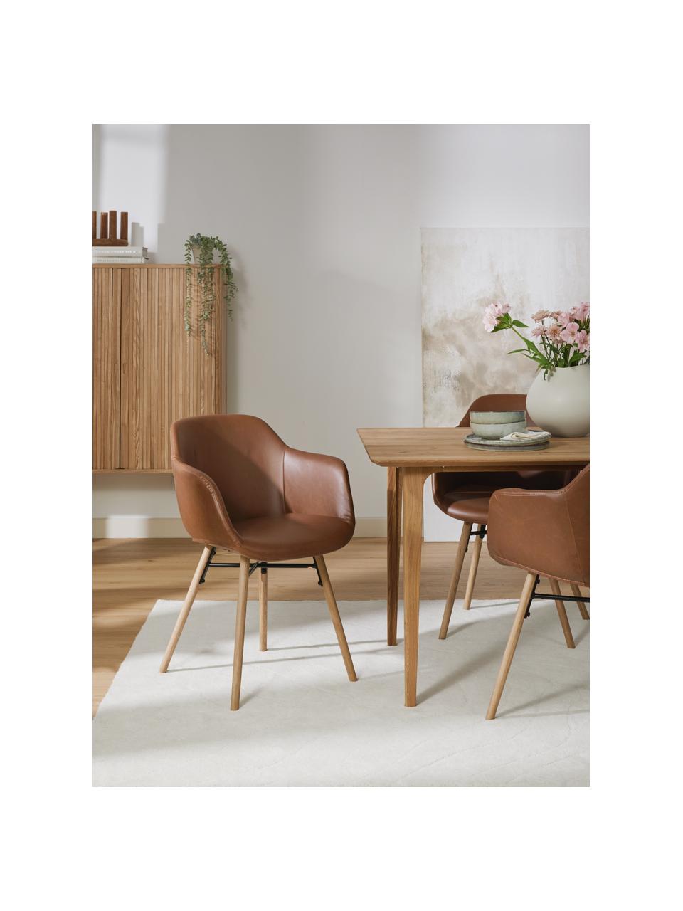 Petite chaise à accoudoirs cuir synthétique avec pieds en bois Fiji, Cuir synthétique brun, larg. 59 x haut. 84 cm