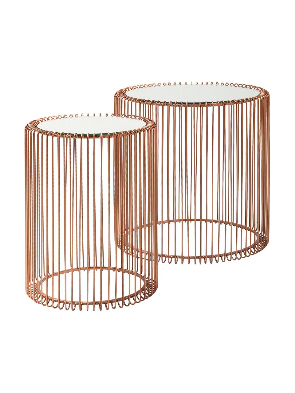 Komplet stolików pomocniczych z metalu ze szklanym blatem Wire, 2 elem., Stelaż: metal malowany proszkowo, Blat: szkło hartowane foliowane, Miedź, Komplet z różnymi rozmiarami