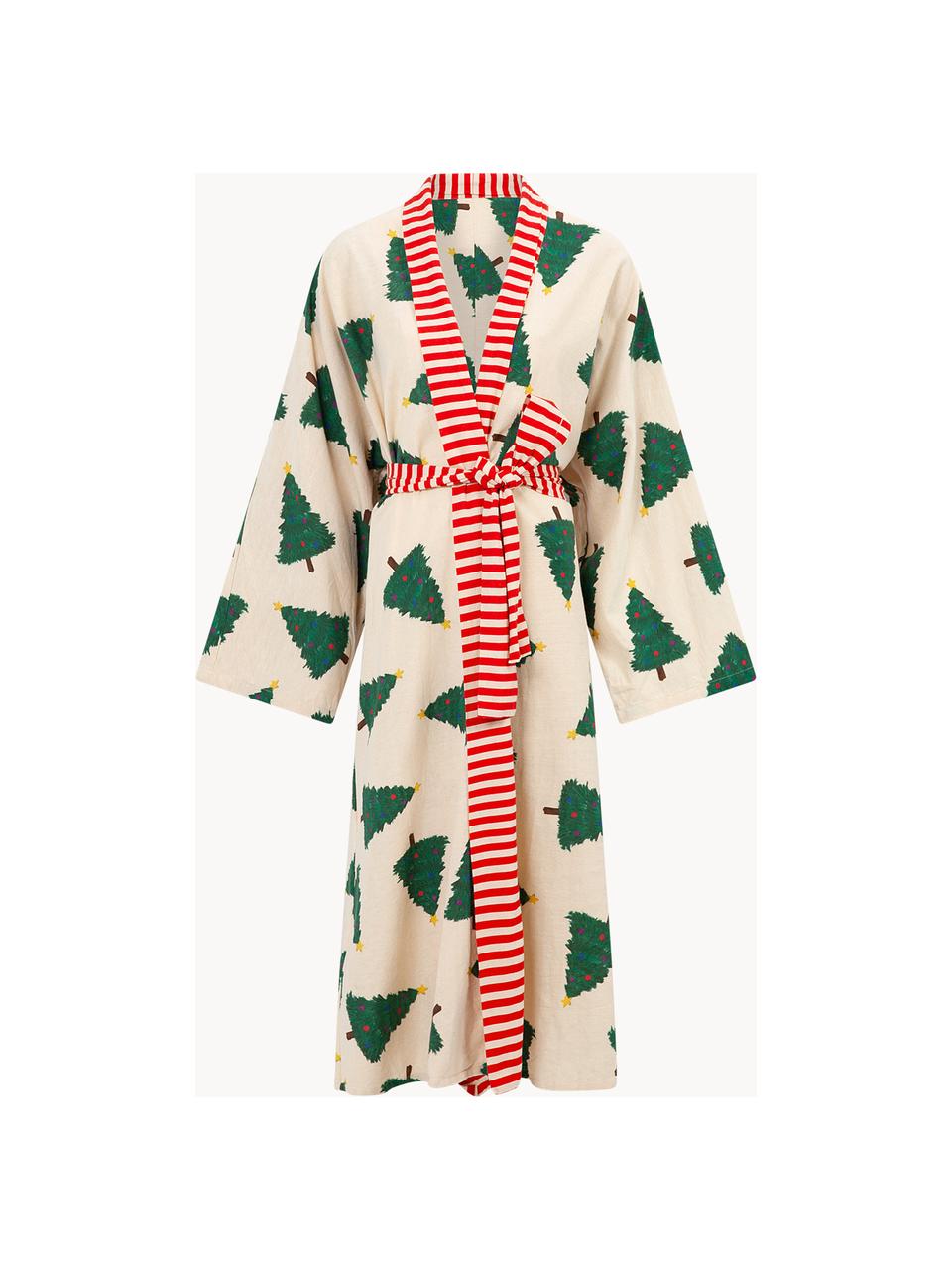 Kimono Christmas Forest aus Baumwolle, 100 % Baumwolle, Off White, Rot, Dunkelgrün, B 72 x L 135 cm