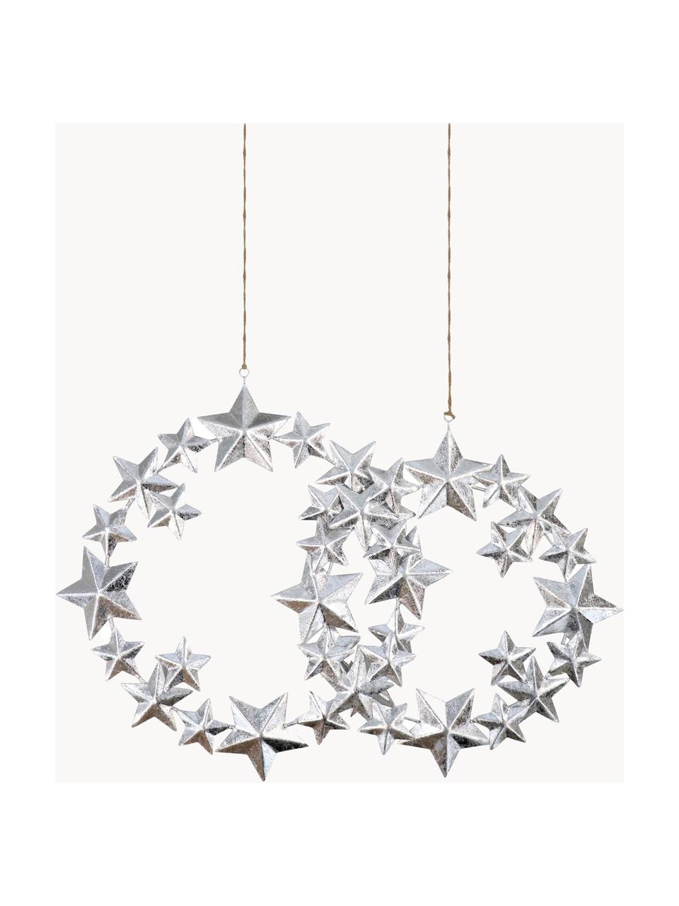 Decoratieve hangersset Stars, 2-delig, Gecoat metaal, Zilverkleurig, Set met verschillende formaten