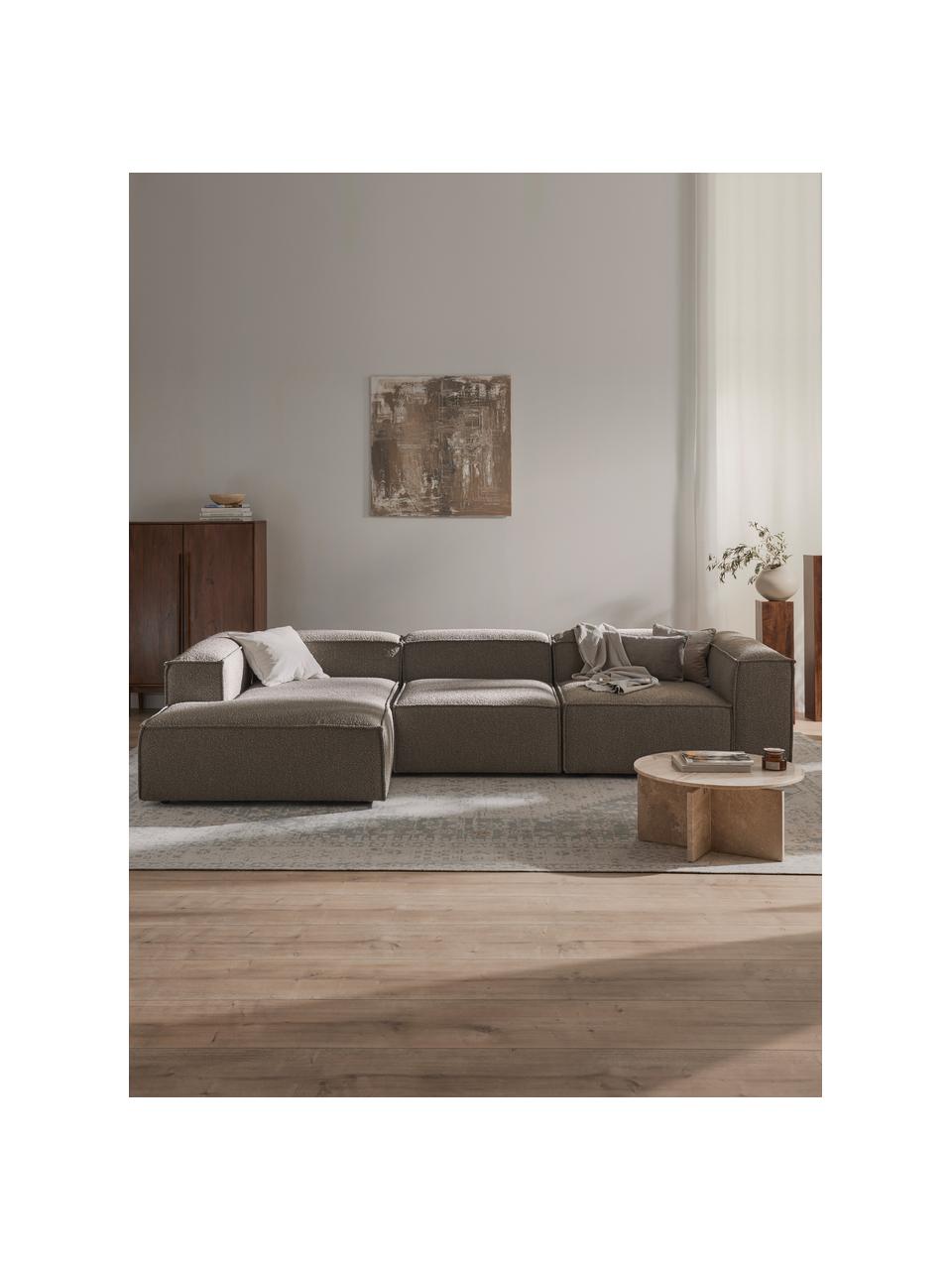 Divano angolare componibile in bouclé Lennon, Rivestimento: bouclé (100% poliestere) , Struttura: legno di pino massiccio, , Piedini: plastica Questo prodotto , Bouclé greige, Larg. 327 x Prof. 180 cm, chaise longue a sinistra