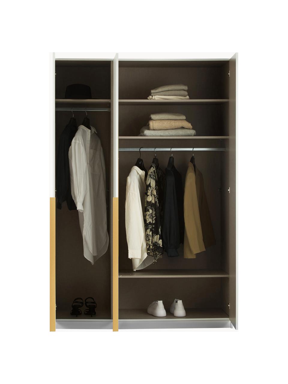 Drehtürenschrank Mia, 3-türig, Holzwerkstoff aus heimischen Hölzern aus nachhaltiger Forstwirtschaft, beschichtet, Grau, Goldfarben, B 136 x H 210 cm