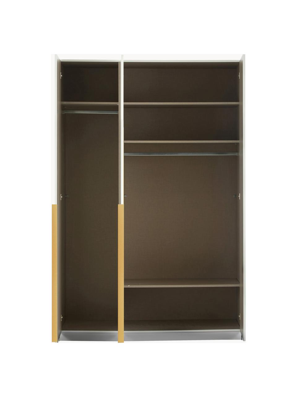 Drehtürenschrank Mia, 3-türig, Holzwerkstoff aus heimischen Hölzern aus nachhaltiger Forstwirtschaft, beschichtet, Grau, Goldfarben, B 136 x H 210 cm