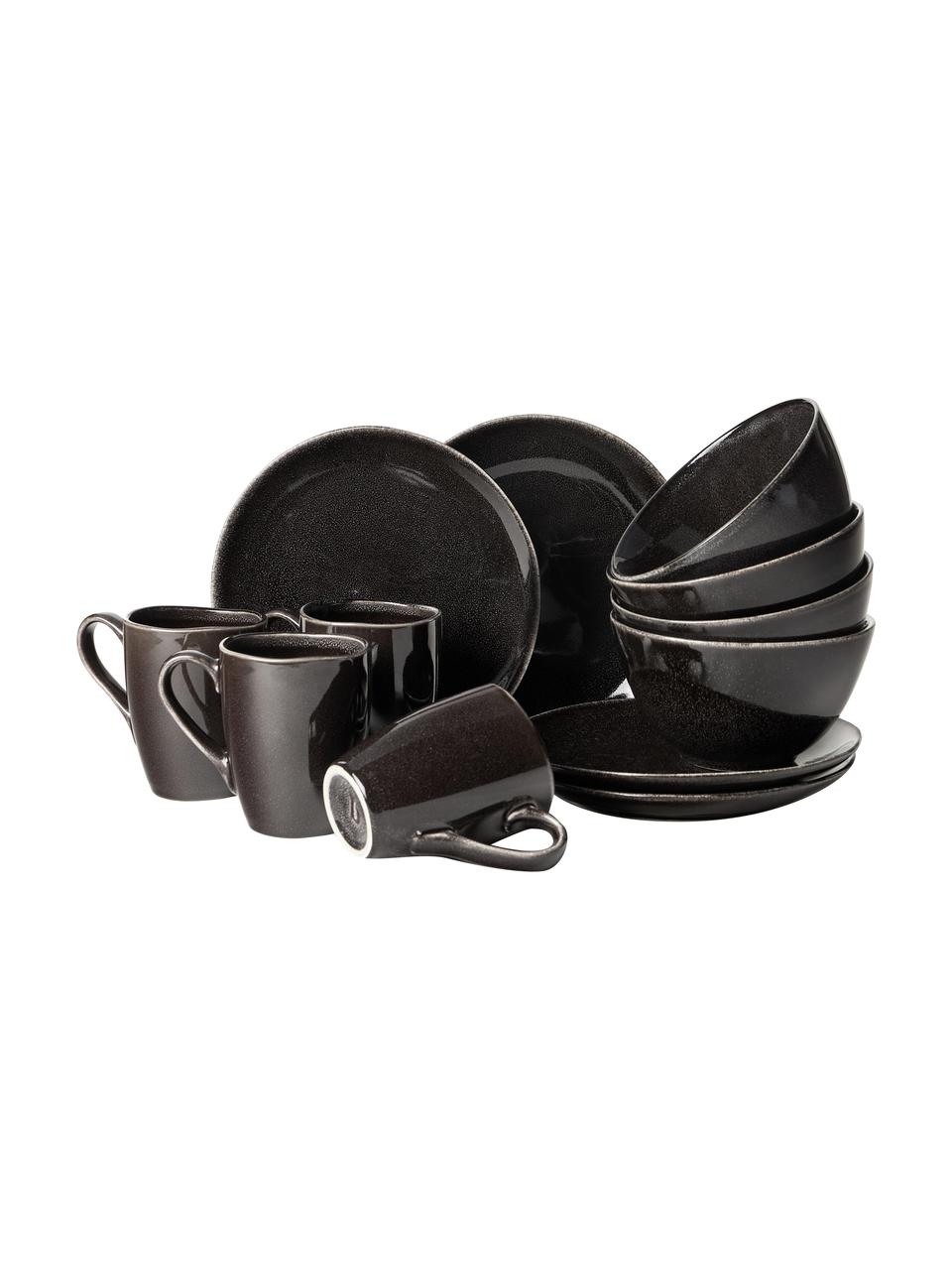 Set stoviglie da colazione fatte a mano Nordic Coal 12 pz, Gres, Antracite, Set in varie misure