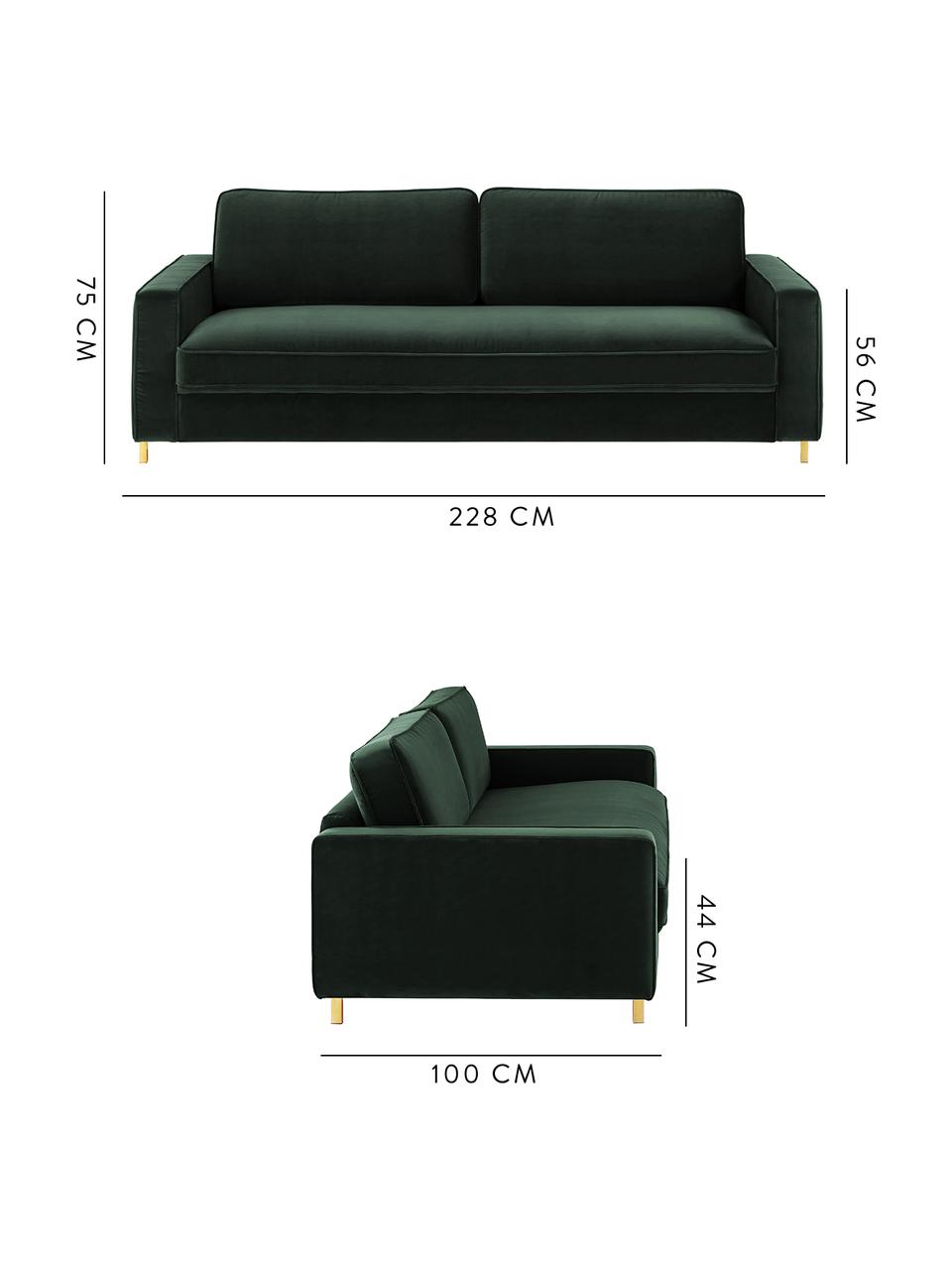 Sofa z aksamitu Chelsea (3-osobowa), Tapicerka: aksamit (wysokiej jakości, Stelaż: lite drewno świerkowe, Tapicerka: pianka na zawieszeniu spr, Nogi: metal malowany proszkowo, Ciemny  zielony, S 228 x G 100 cm