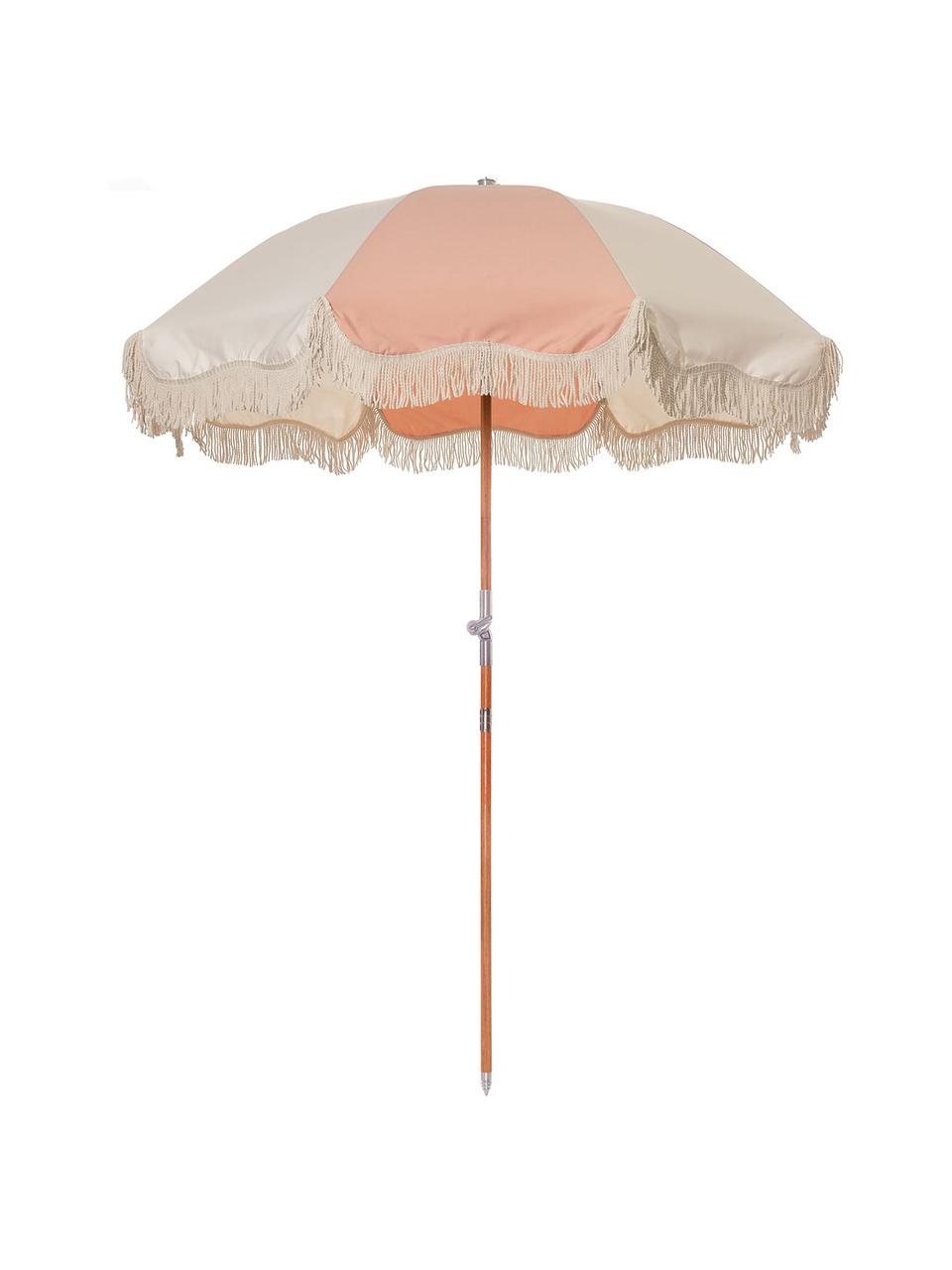 Parasol ogrodowy z frędzlami Retro, Stelaż: drewno naturalne, laminow, Blady różowy, kremowobiały, Ø 180 x W 230 cm
