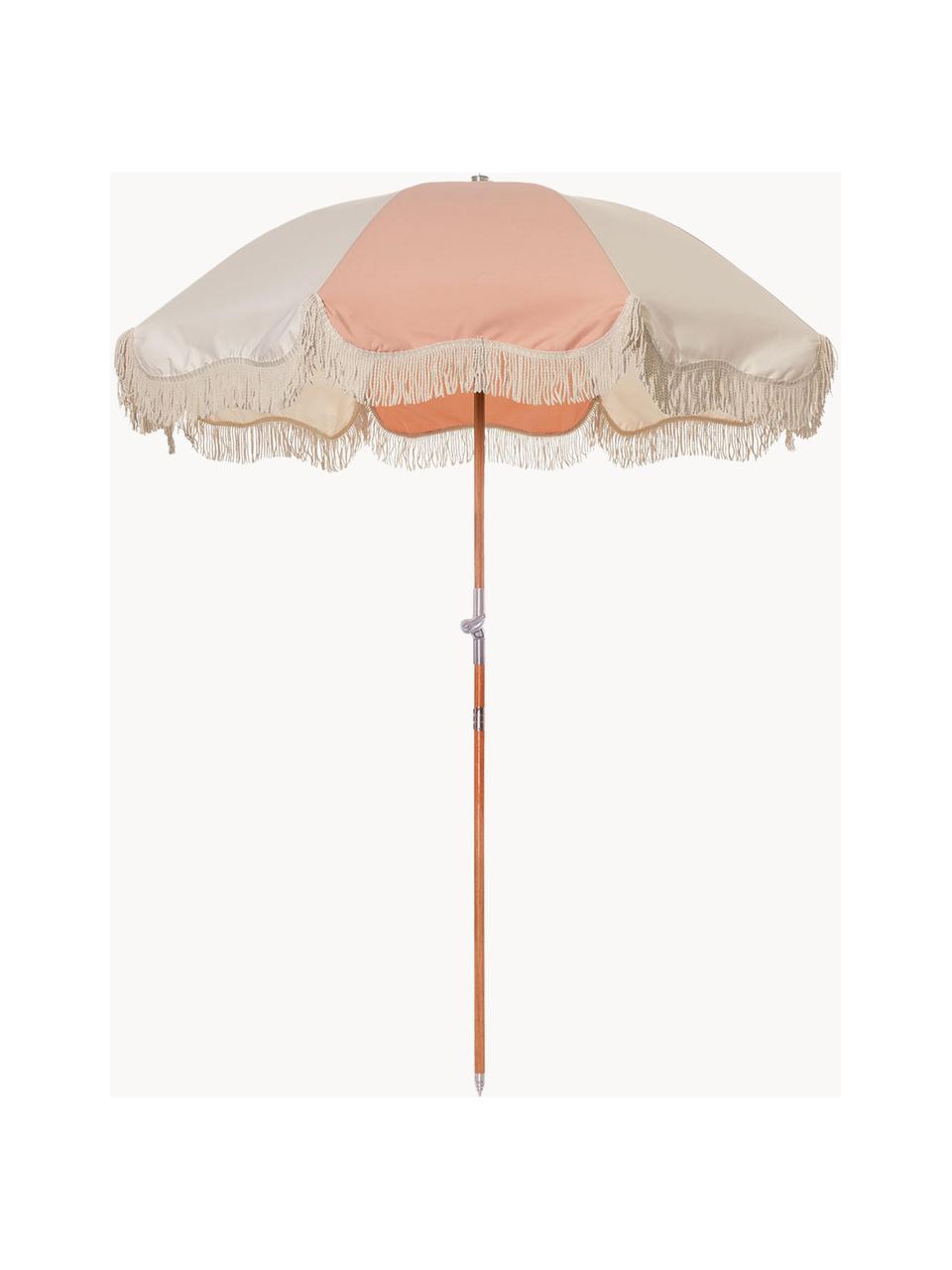 Parasol Retro met franjes in roze, knikbaar, Frame: gelamineerd hout, Franjes: katoen, Roze, gebroken wit, Ø 180 x H 230 cm