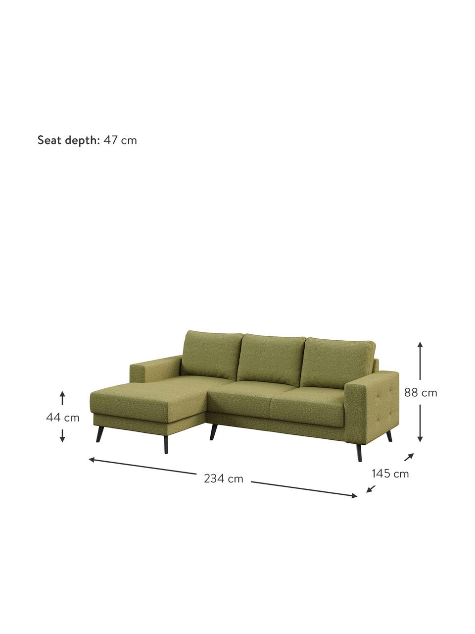 Divano angolare in tessuto verde oliva Fynn, Rivestimento: 100% poliestere con sensa, Struttura: legno duro, legno tenero,, Verde oliva, Larg. 234 x Prof. 145 cm