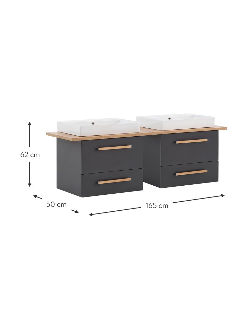 Doppel-Waschtisch mit Unterschränken Alberto, B 165 cm, Griffe: Metall, beschichtet in Ei, Anthrazit, B 165 x H 62 cm