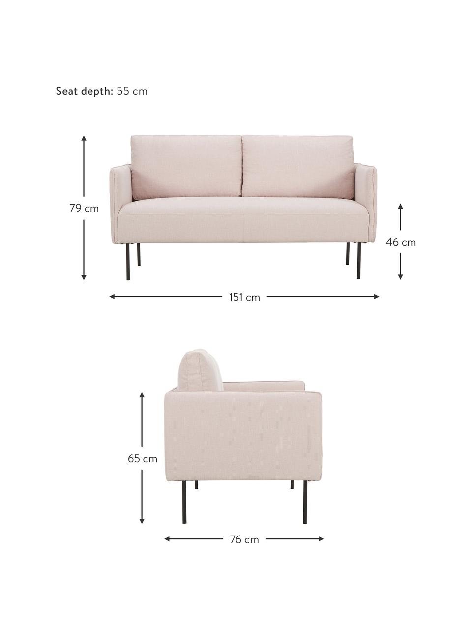 Sofa Ramira (2-Sitzer) in Rosa mit Metall-Füssen, Bezug: Polyester 40.000 Scheuert, Gestell: Massives Kiefernholz, Spe, Webstoff Rosa, B 151 x T 76 cm