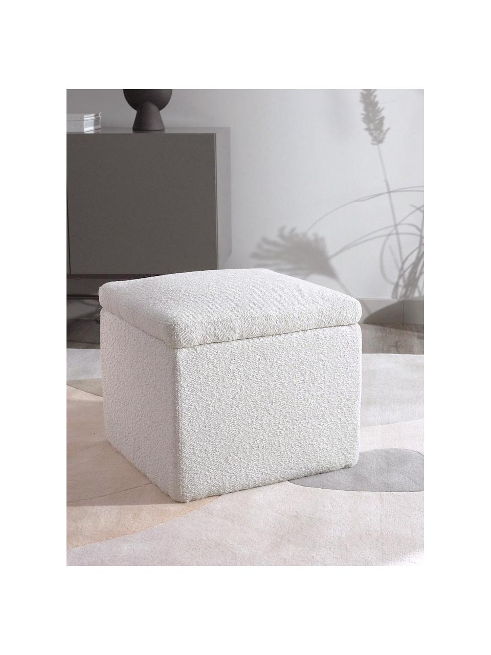 Puf en tejido bouclé Winou, con espacio de almacenamiento, Tapizado: 100% poliéster Alta resis, Estructura: madera contrachapada, met, Blanco crema, An 50 x Al 48 cm