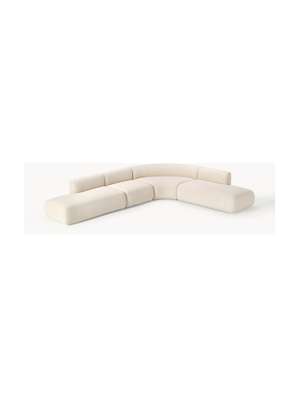 Sofá rinconera modular en tejido bouclé Sofia (4 plazas), Tapizado: tejido bouclé (100% polié, Estructura: madera de abeto, tablero , Patas: plástico Este producto es, Bouclé blanco Off White, An 385 x F 298 cm