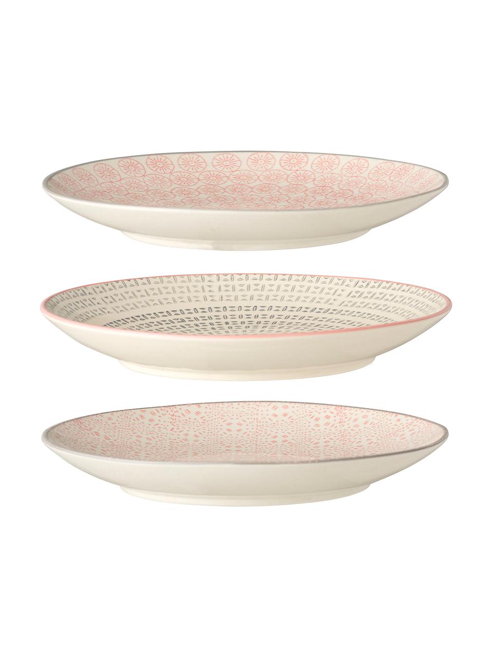 Handbemalte Frühstücksteller Cécile mit verspieltem Muster, 3er-Set, Steingut, Beige, Grau, Rosa, Ø 20 cm