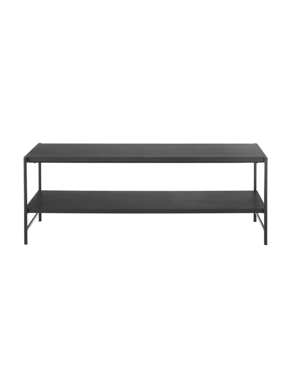 Zwarte tv-meubel Mica met plateaus, Frame: gepoedercoat metaal, Planken: zwart gelakt eikenhoutfineer. Frame: mat zwart, B 120 x H 50 cm