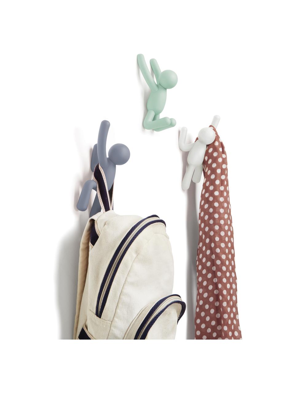 Design wandhakenset Buddy, 3-delig, Kunststof (ABS), Blauw, mintgroen, wit, Set met verschillende formaten