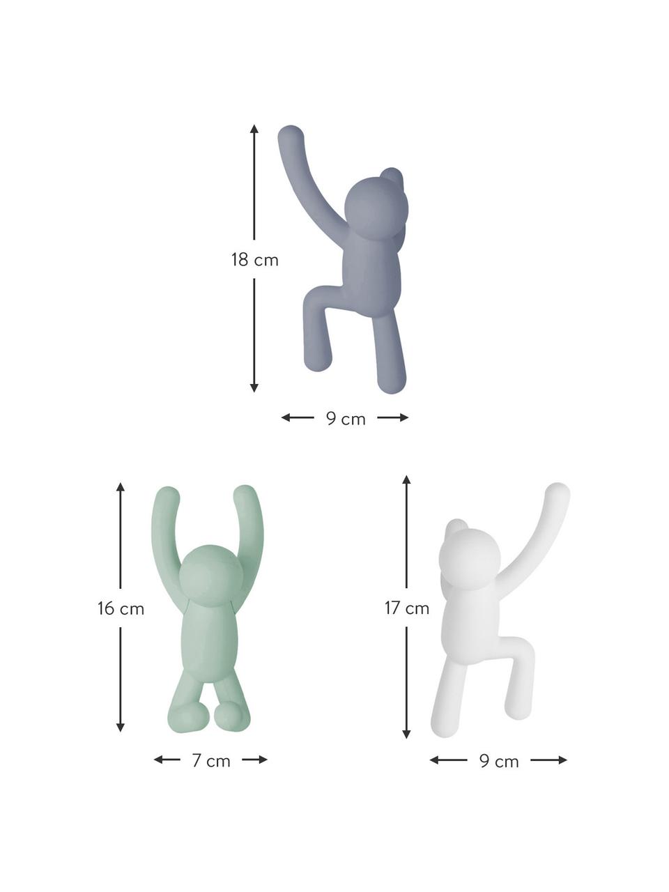 Set de colgadores de diseño Buddy, 3 uds., Plástico ABS, Azul, verde menta, blanco, Set de diferentes tamaños