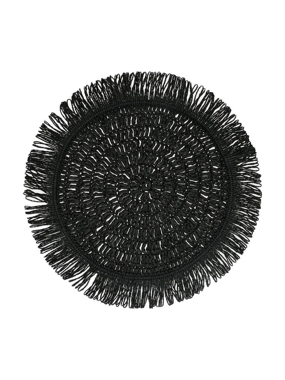 Mantel individual redondo con flecos Gyula, Fibras de papel, Negro, Ø 40 cm