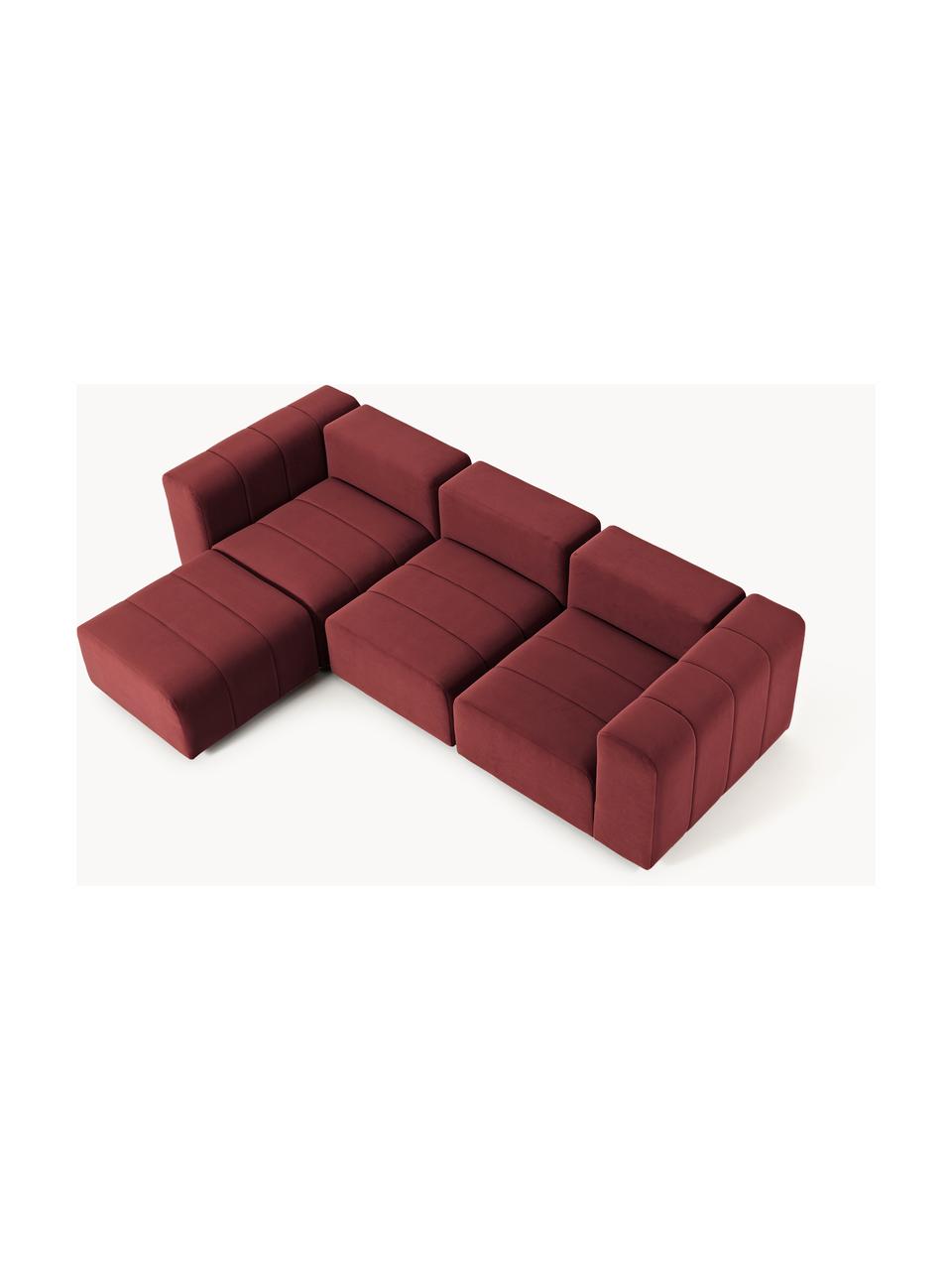 Canapé modulable 4 places en velours avec pouf Lena, Velours lie de vin, larg. 287 x prof. 181 cm