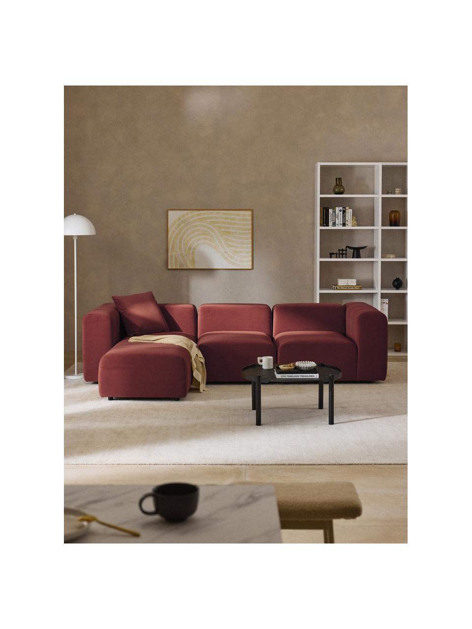 Modulares Samt-Sofa Lena (4-Sitzer) mit Hocker (links/rechts), Bezug: Samt (100 % Polyester) De, Gestell: Buchenholz, Spanplatte, H, Füße: Kunststoff, Samt Weinrot, B 287 x T 181 cm