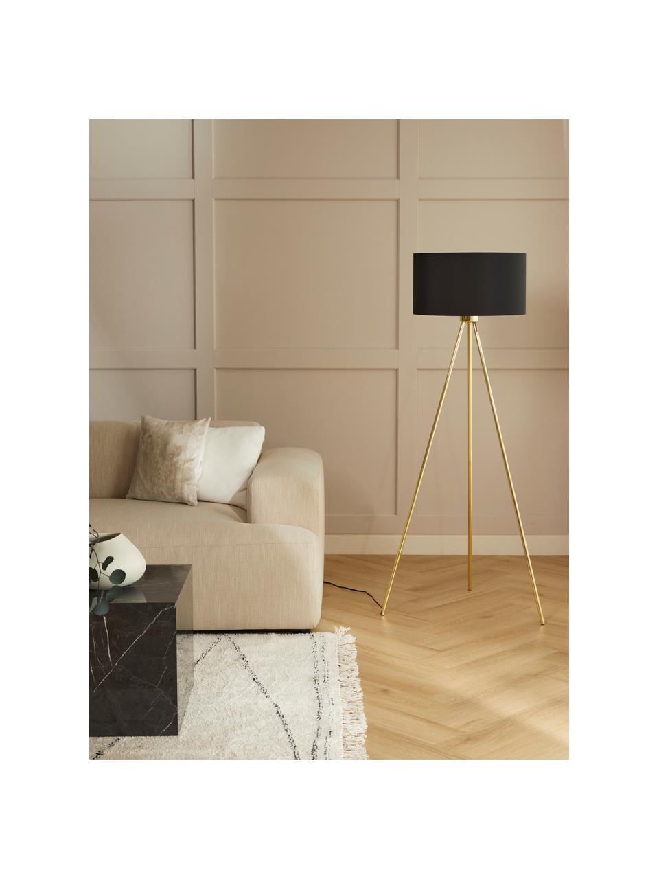 Tripod vloerlamp Cella met stoffen lampenkap, Lampenkap: katoenmix, Lampvoet: metaal, Zwart, goudkleurig, H 147cm