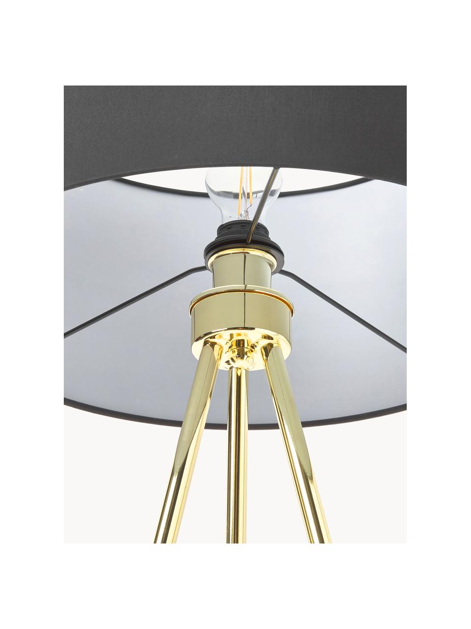 Tripod vloerlamp Cella met stoffen lampenkap, Lampenkap: katoenmix, Lampvoet: metaal, Zwart, goudkleurig, H 147cm