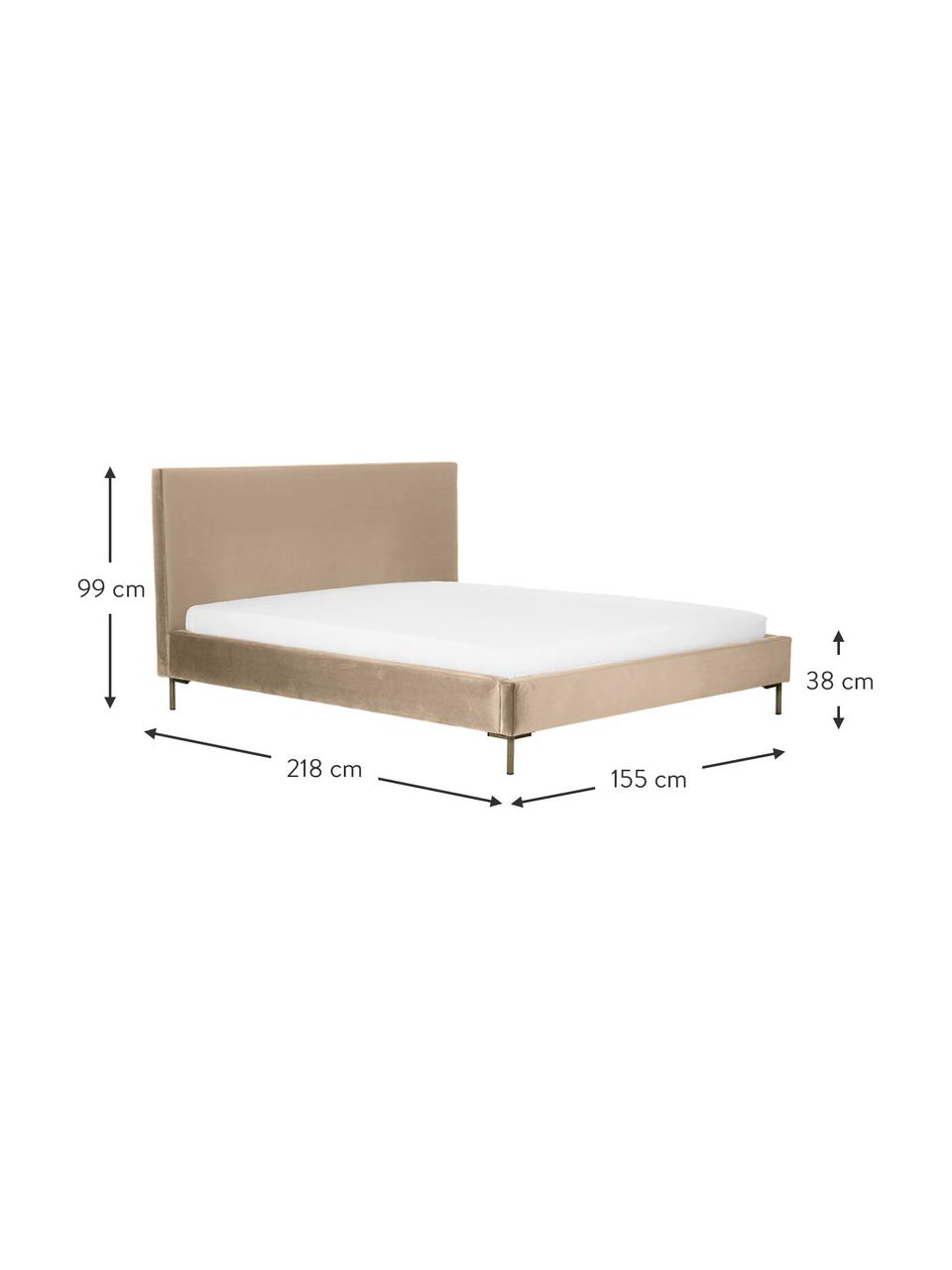 Cama tapizada en terciopelo Peace, Tapizado: terciopelo de poliéster R, Estructura: madera de pino maciza con, Patas: metal, Terciopelo beige, An 140 x L 200 cm