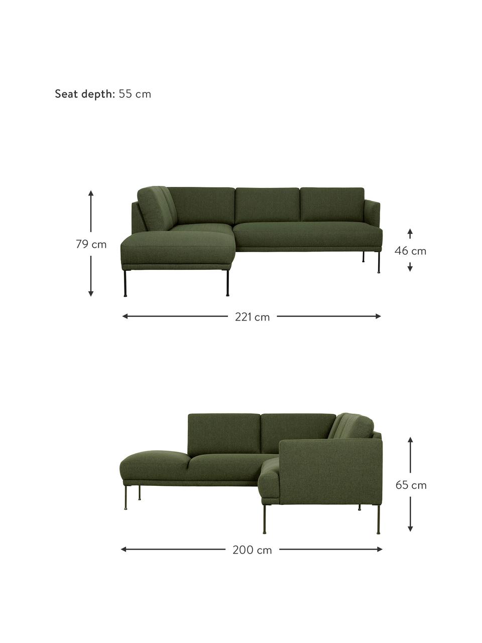 Divano angolare con piedini in metallo Fluente, Rivestimento: 100% poliestere Con 40.00, Struttura: legno di pino massiccio, , Piedini: metallo verniciato a polv, Tessuto verde scuro, Larg. 221 x Prof. 200 cm, chaise longue a sinistra