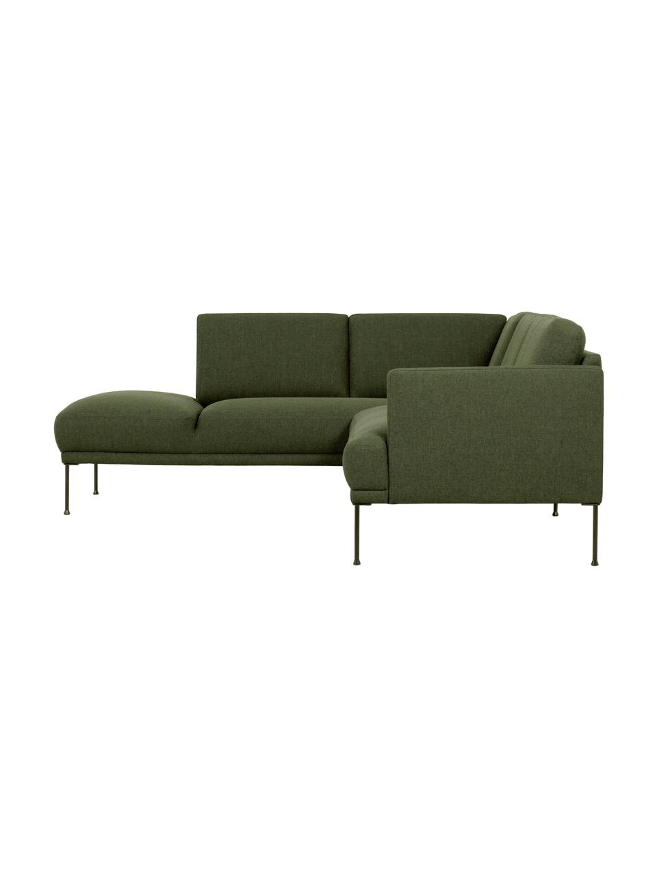 Divano angolare con piedini in metallo Fluente, Rivestimento: 100% poliestere Con 40.00, Struttura: legno di pino massiccio, , Piedini: metallo verniciato a polv, Tessuto verde scuro, Larg. 221 x Prof. 200 cm, chaise longue a sinistra