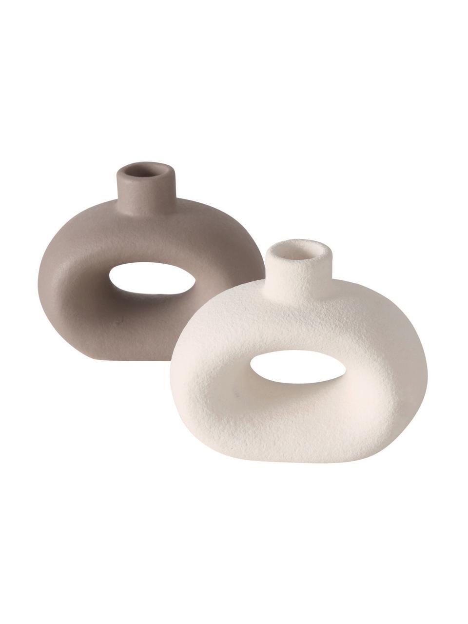 Kerzenhalter-Set Rody aus Steingut, 2-tlg., Steingut, Weiß, Taupe, matt, B 12 x H 10 cm
