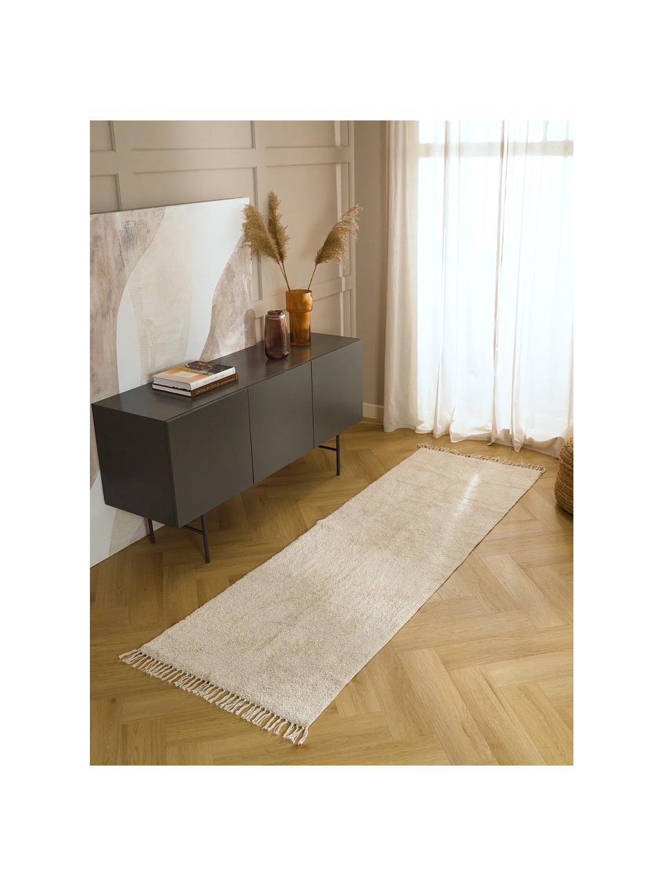 Handgetufteter Baumwollläufer Daya mit Fransen, Hellbeige, B 80 x L 200 cm